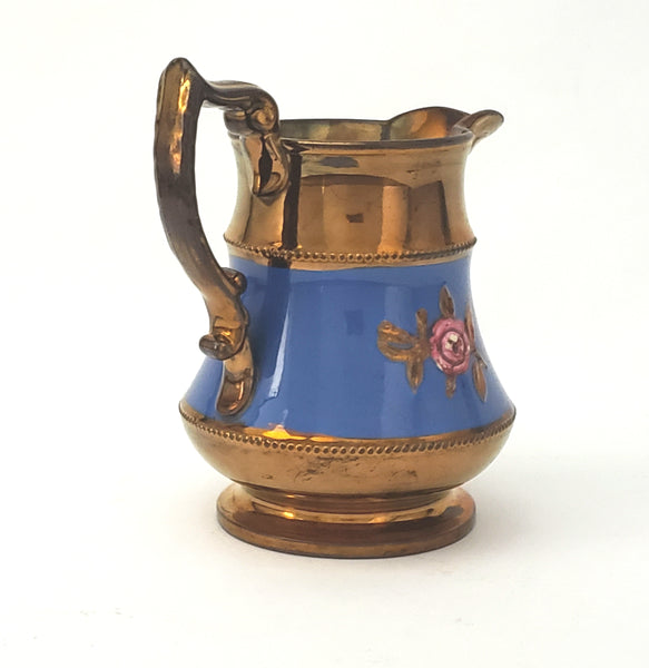 Antique Copper Lusterware Pitcher Blue Band Pink Flowers