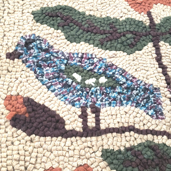 Folk Art Hooked Rug Single Flower Leaves Two Distelfink Birds Americana Textile
