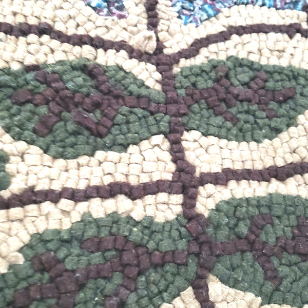 Folk Art Hooked Rug Single Flower Leaves Two Distelfink Birds Americana Textile