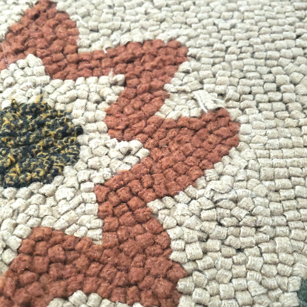 Folk Art Hooked Rug Single Flower Leaves Two Distelfink Birds Americana Textile