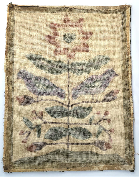 Folk Art Hooked Rug Single Flower Leaves Two Distelfink Birds Americana Textile