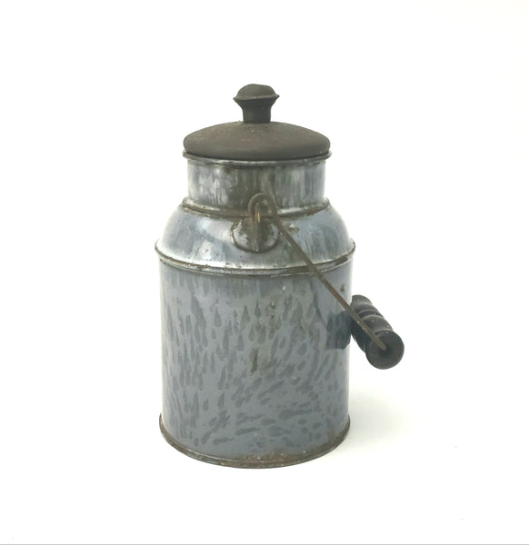 Antique Gray Granite Enamelware Cream Pail Milk Pail w/ Tin Lid Wooden Grip Handle