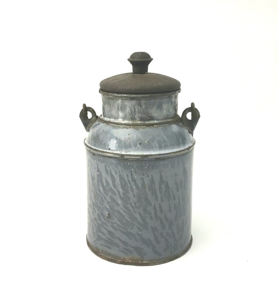 Antique Gray Granite Enamelware Cream Pail Milk Pail w/ Tin Lid Wooden Grip Handle