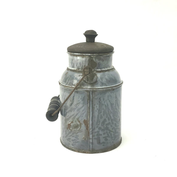Antique Gray Granite Enamelware Cream Pail Milk Pail w/ Tin Lid Wooden Grip Handle