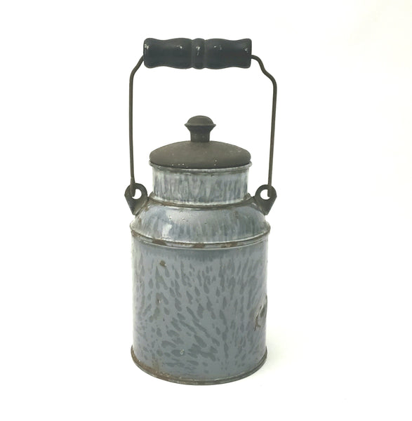 Antique Gray Granite Enamelware Cream Pail Milk Pail w/ Tin Lid Wooden Grip Handle