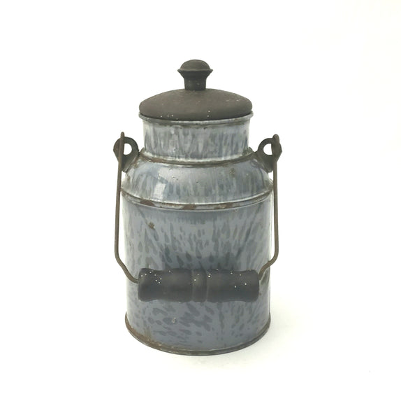 Antique Gray Granite Enamelware Cream Pail Milk Pail w/ Tin Lid and Wooden Grip Handle