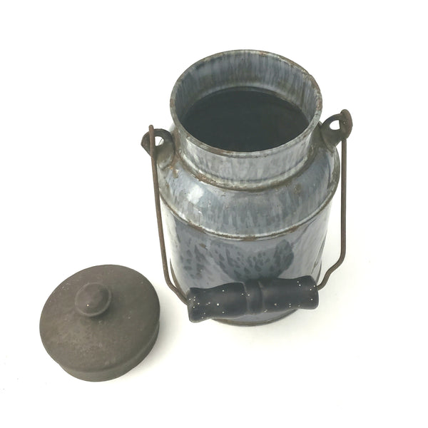 Antique Gray Granite Enamelware Cream Pail Milk Pail w/ Tin Lid Wooden Grip Handle