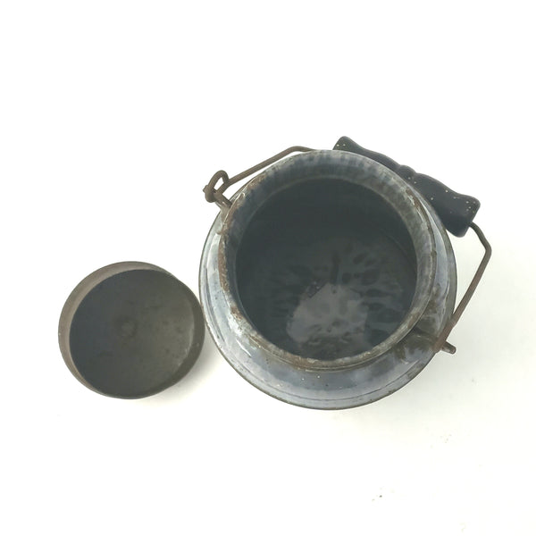 Antique Gray Granite Enamelware Cream Pail Milk Pail w/ Tin Lid Wooden Grip Handle