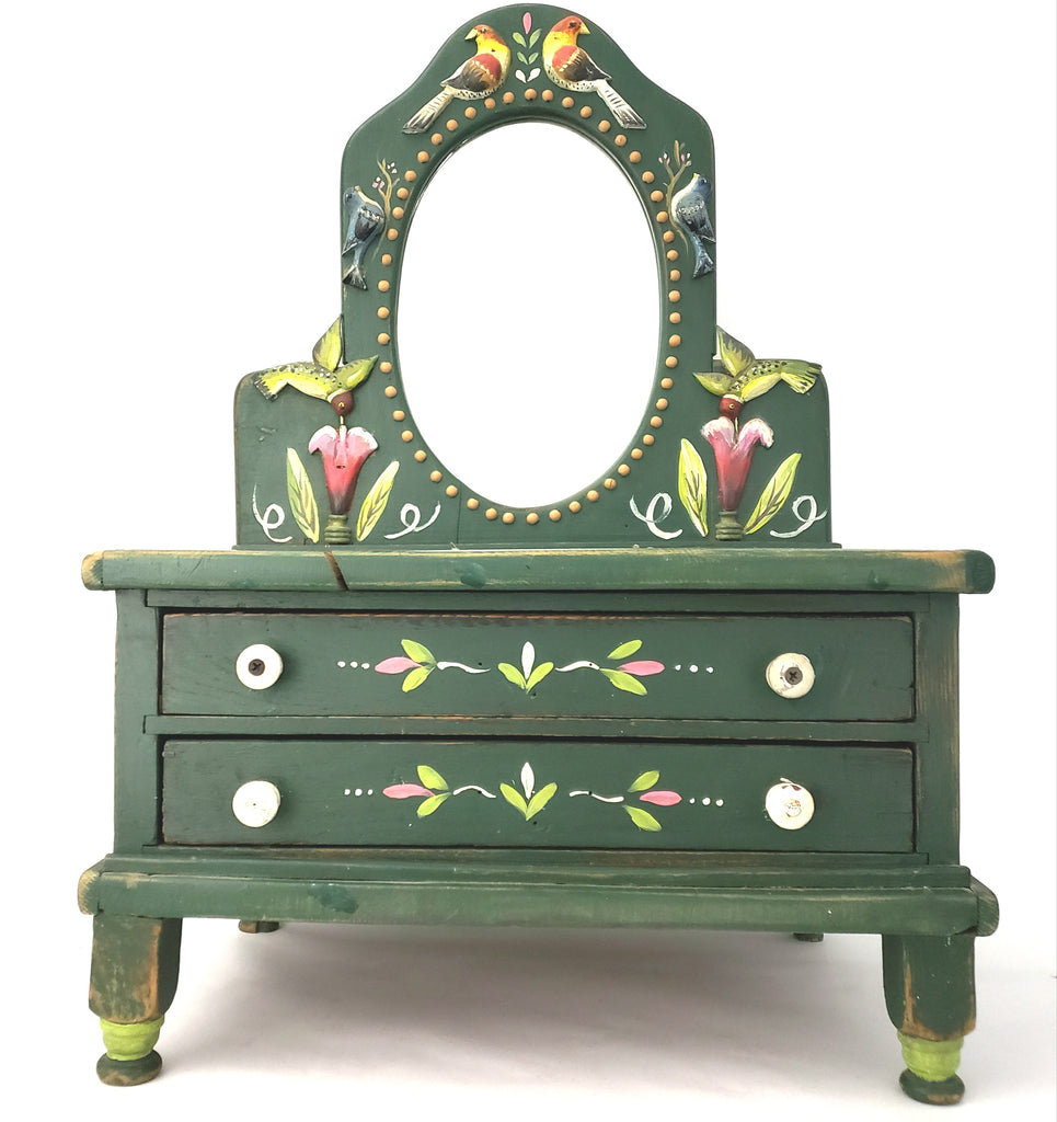 Pennsylvania Dutch Folk Art Style Painted Two Drawer Table Top Vanity with Mirror