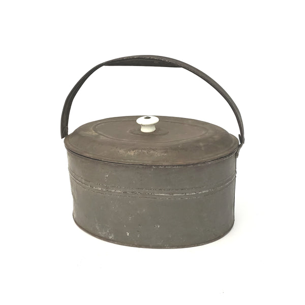 Antique Rustic Oval Tin Metal Lunch Pail with Lid Porcelain Knob Swing Handle
