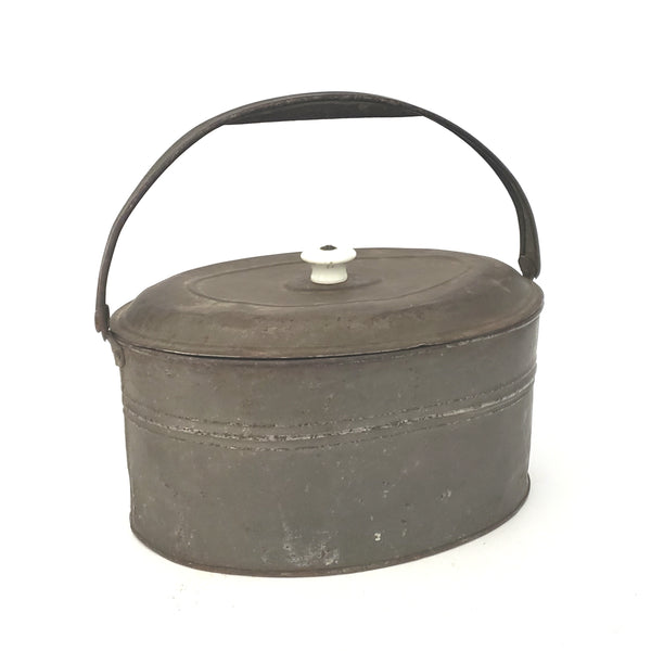 Antique Rustic Oval Tin Metal Lunch Pail with Lid Porcelain Knob Swing Handle