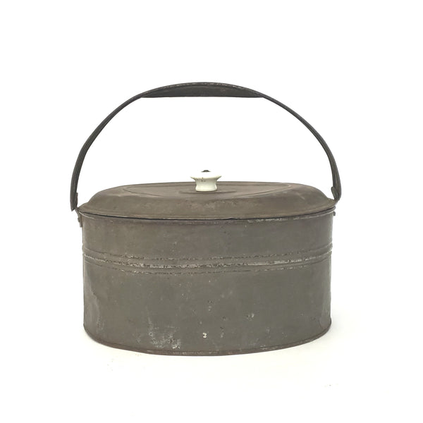 Antique Rustic Oval Tin Metal Lunch Pail with Lid Porcelain Knob Swing Handle