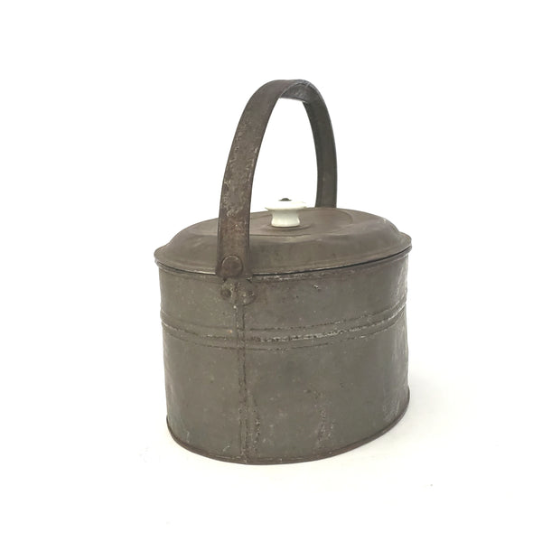 Antique Rustic Oval Tin Metal Lunch Pail with Lid Porcelain Knob Swing Handle