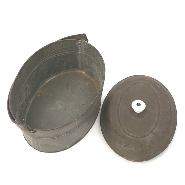 Antique Rustic Oval Tin Metal Lunch Pail with Lid Porcelain Knob Swing Handle