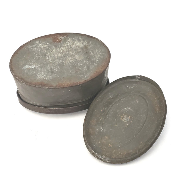 Antique Rustic Oval Tin Metal Lunch Pail with Lid Porcelain Knob Swing Handle