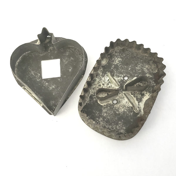 Antique Tin Cookie Cutters Folk Art Bird, Heart, Rooster, Schoolmarm, Ruffled Rectangle