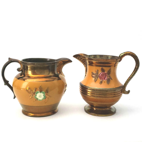 Pair of Hand Painted Copper Lusterware Pitchers Raised Floral