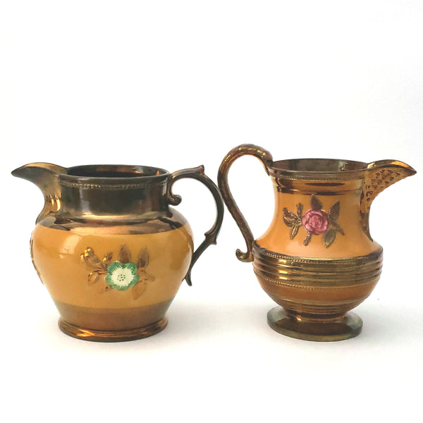 Copper Lusterware Pitchers Hand-Painted Floral Collection of 2