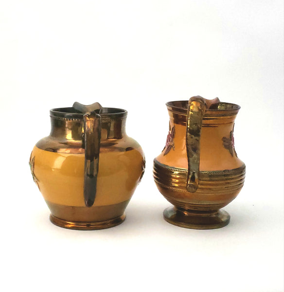 Copper Lusterware Pitchers Hand-Painted Floral Collection of 2