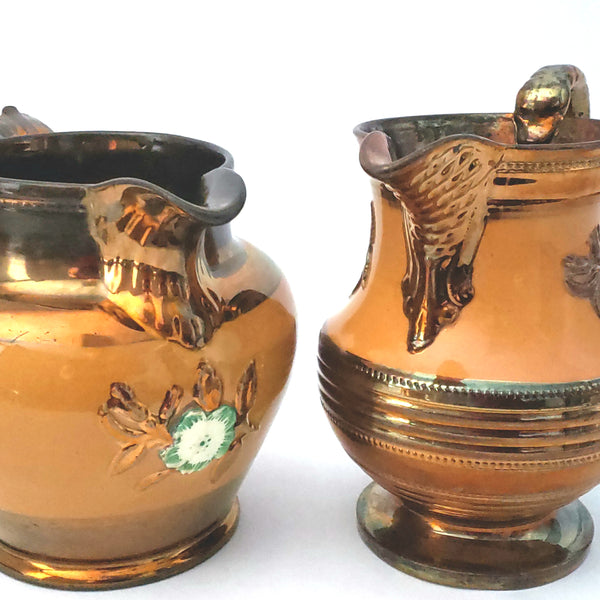 Copper Lusterware Pitchers Hand-Painted Floral Collection of 2