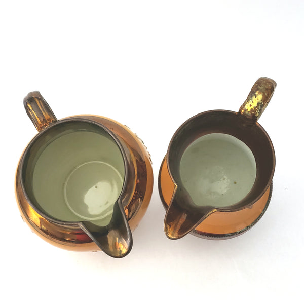 Copper Lusterware Pitchers Hand-Painted Floral Collection of 2
