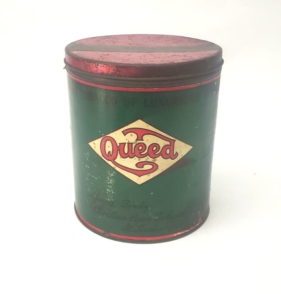 Vintage QUEED Tobacco Advertising Tin Original Tax Label Green & Red Advertising