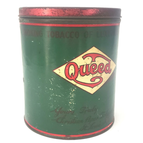 Vintage QUEED Tobacco Advertising Tin Original Tax Label Green & Red Advertising