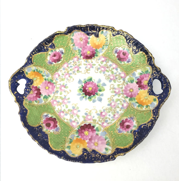 Antique Hand Painted Porcelain Serving Cabinet Plate Floral Pierced Handles