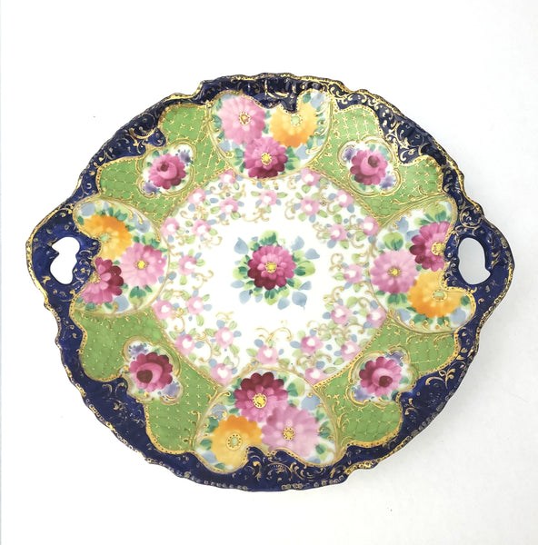 Highly Decorated Antique Hand Painted Porcelain Serving Cabinet Plate Pierced Handles