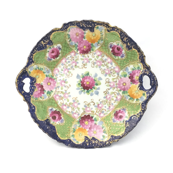 Antique Hand Painted Porcelain Serving Cabinet Plate Floral Pierced Handles
