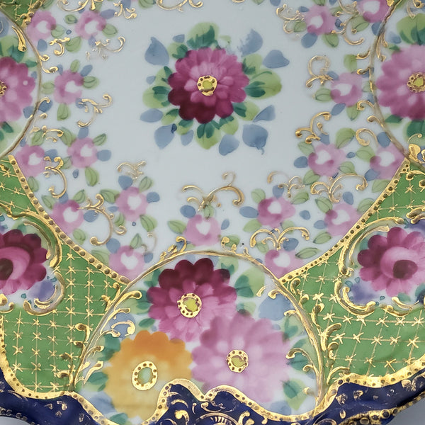 Antique Hand Painted Porcelain Serving Cabinet Plate Floral Pierced Handles