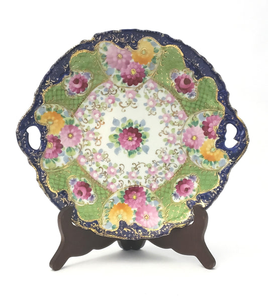 Antique Hand Painted Porcelain Serving Cabinet Plate Floral Pierced Handles