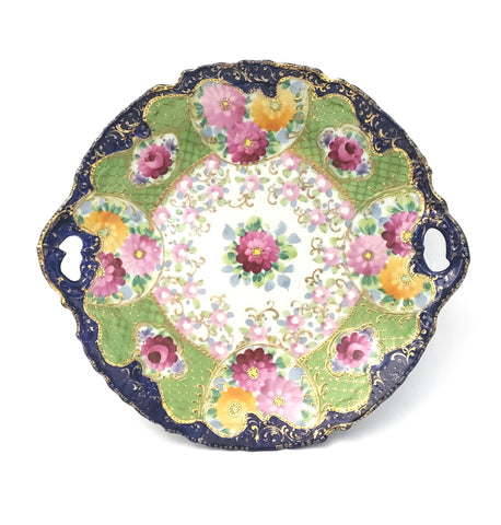 Antique Hand Painted Porcelain Serving Cabinet Plate Floral Pierced Handles