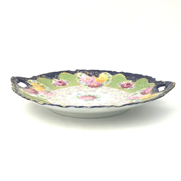 Antique Hand Painted Porcelain Serving Cabinet Plate Floral Pierced Handles