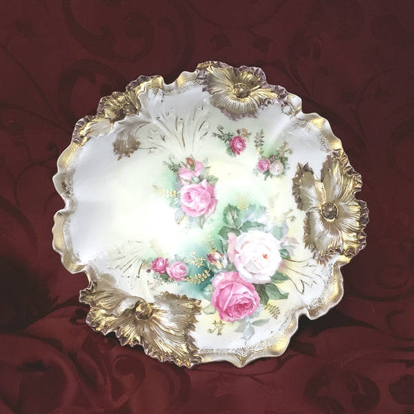 RS Prussia Porcelain Serving Bowl Roses Gold Gilt Raised Floral - Germany