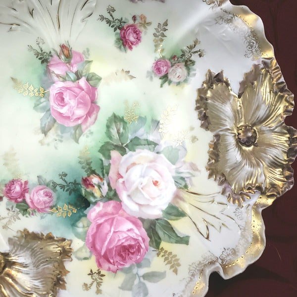 RS Prussia Porcelain Serving Bowl Roses Gold Gilt Raised Floral - Germany