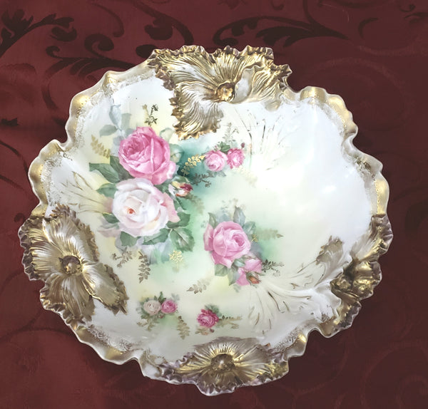 RS Prussia Porcelain Serving Bowl Roses Gold Gilt Raised Floral - Germany
