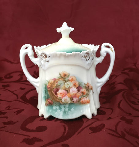 RS Prussia Sugar Bowl with Matching Lid Roses in Basket