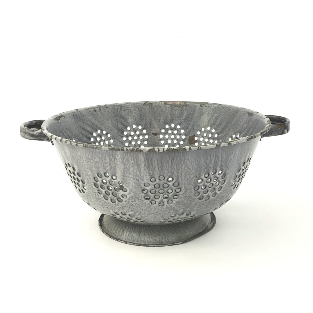 Antique Gray Graniteware Kitchen Colander Strainer Double Handled Enam ...