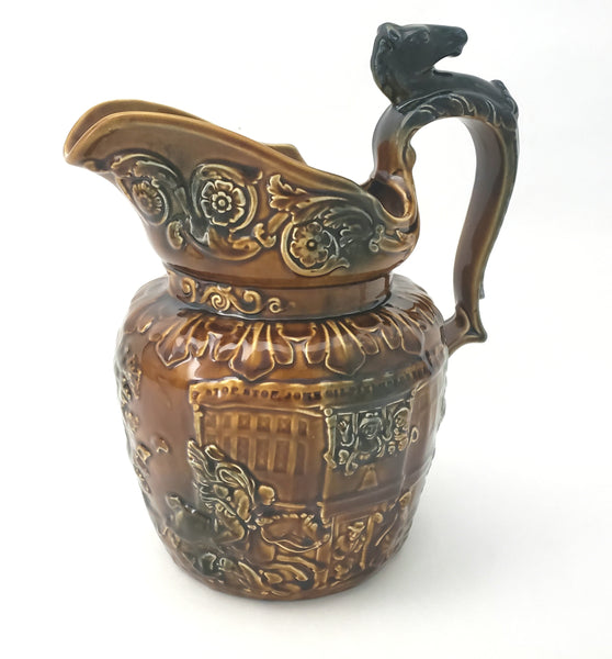 Antique English Pottery Pitcher Horse Riding Scene Horse Thumb Rest by Arthur Wood