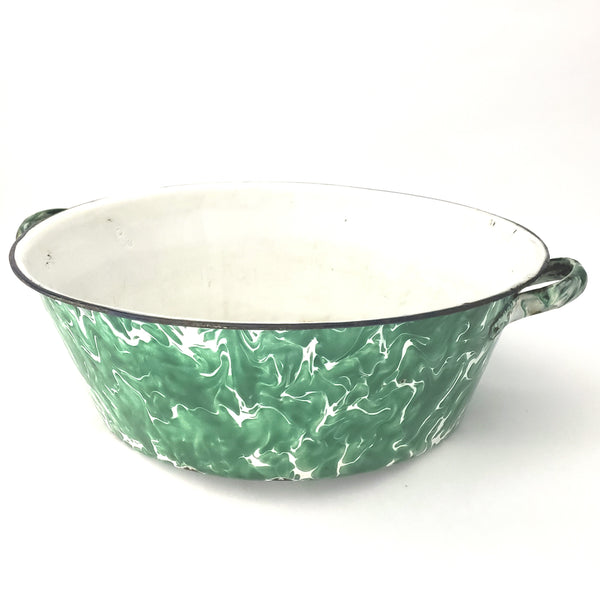 Antique Green and White Swirl Enamelware Double Handle Bowl