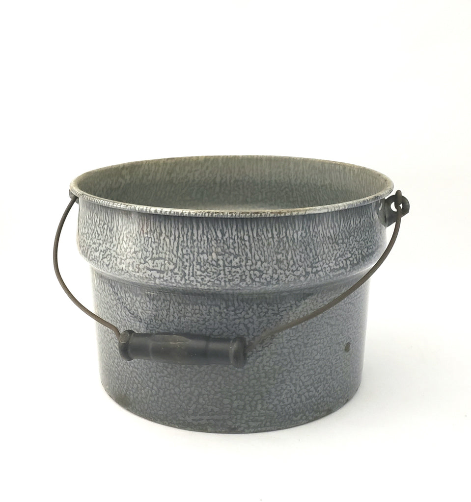 Antique Gray Enameled Graniteware Pot, Pail Bail Handle Wood Grip No Lid
