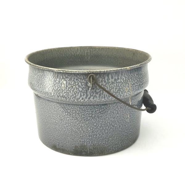 Antique Gray Enameled Graniteware Pot, Pail with Bail Handle Wood Grip No Lid