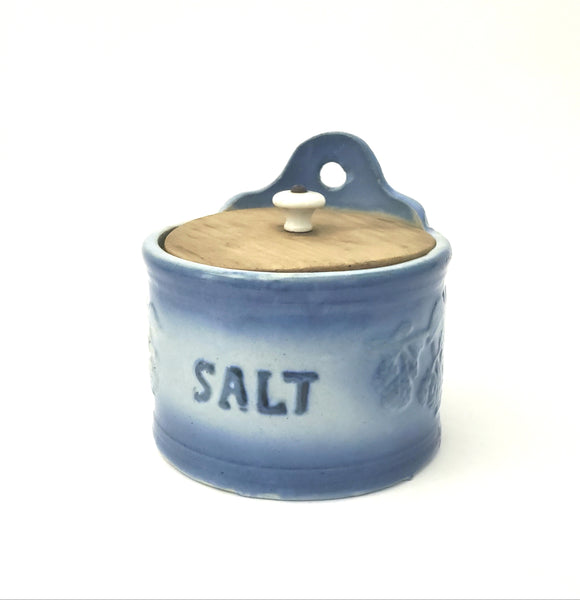 Antique Blue Stoneware Salt Crock with Wooden Lid - Not Perfect