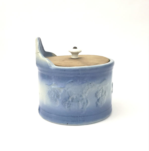 Antique Blue Stoneware Salt Crock with Wooden Lid - Not Perfect