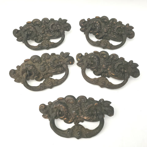Antique Drawer Pulls, Pressed Tin and Metal Matching Set of 5 - Architectural Salvage