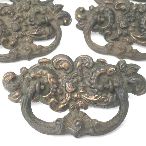 Antique Drawer Pulls Pressed Tin and Metal Matching Set of 5 - Architectural Salvage