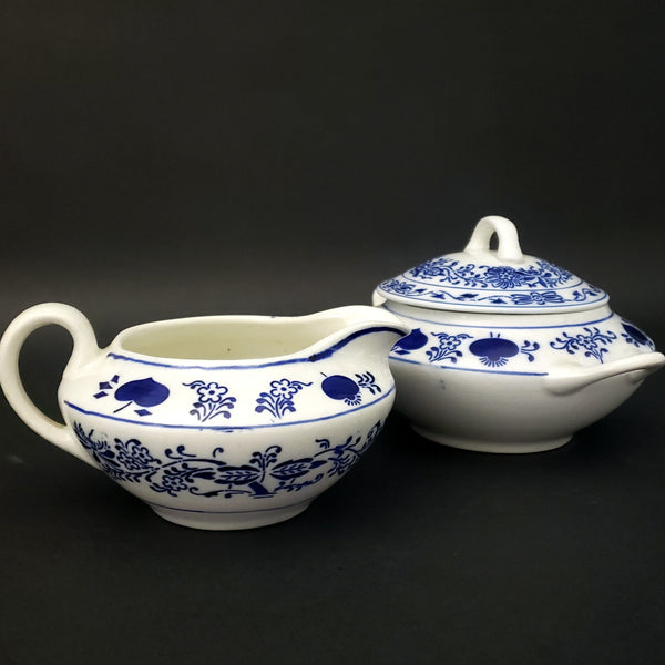 Antique German Porcelain Sugar Bowl and Creamer Blue and White