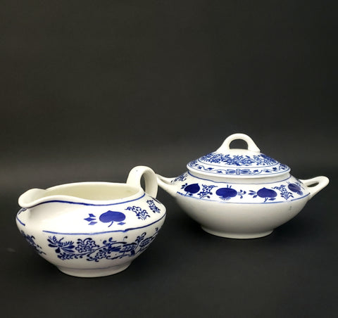 Antique German Porcelain Sugar Bowl and Creamer Blue and White