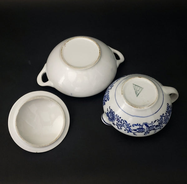 Antique German Porcelain Sugar Bowl and Creamer Blue and White